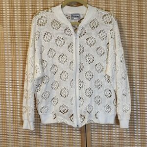 Belldini Womens OSFM Zip Up Cardigan Lace White Boho Fairycore Floral Resort